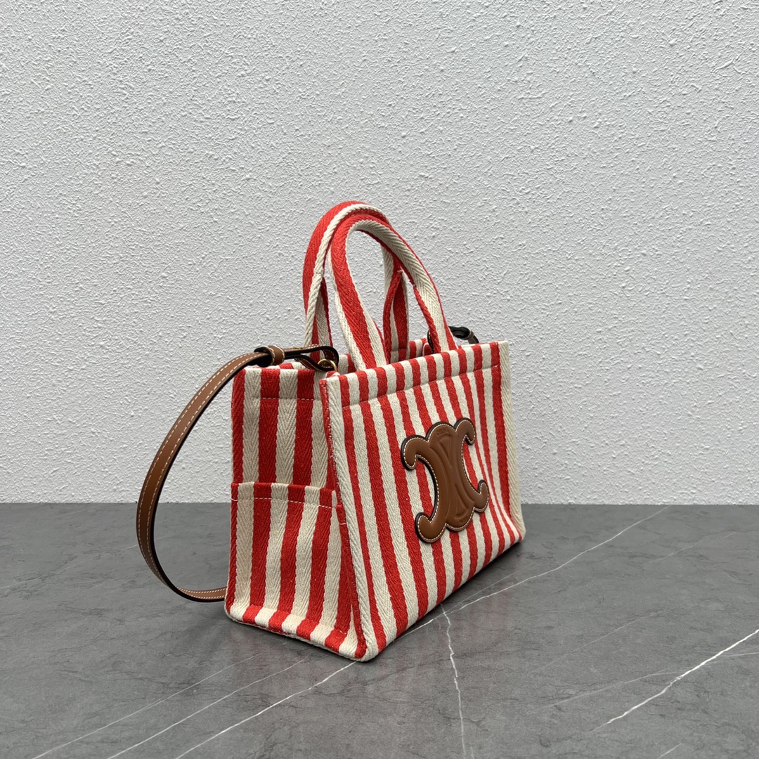 Celine Small Cabas Thais In Striped Textile And Calfskin White/Red 199162